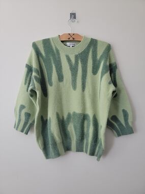 Soft Cozy Light Green Crewneck Sweater with Dark Green Abstract Pattern
